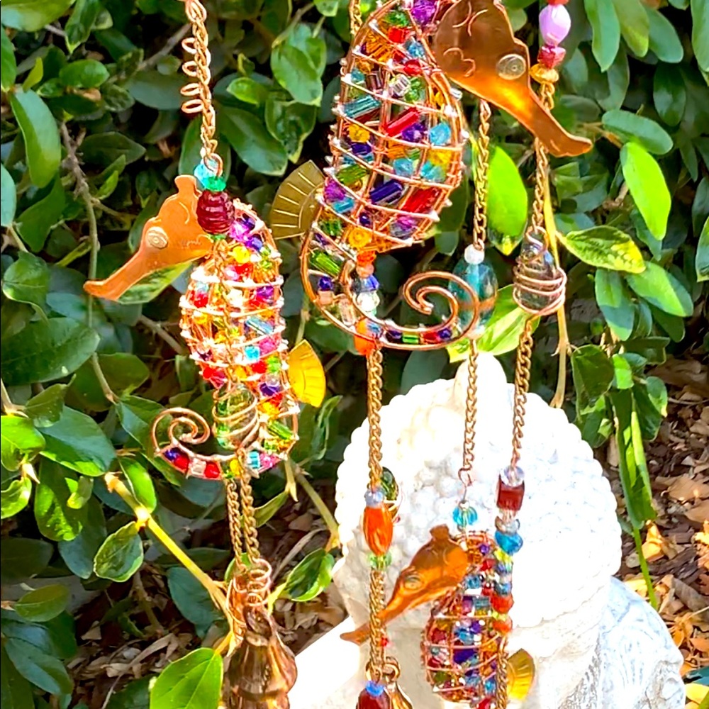 Gorgeous Glass Rocks & Beads Sea Horse Wind Chime Sun Catcher Mobile - Handmade